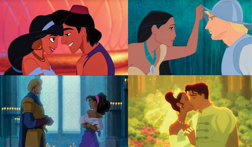 Figura 4. Disney (1992, 1995, 1996 y 2009). Amor interracial y con diferentes razas en Disney. En (de izquier-da a derecha y de arriba a abajo) Aladdin (Clements y Musker, 1992), Pocahontas (Pentecost, 1995), El jorobado de Notre Dame (Hahn 1996) y Tiana y el sapo (del Vecho y Lasseter, 2009)