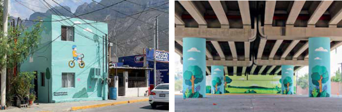 Imagen 2. Pintura mural diseñada por José Guadalupe Mata e intervenida por el artista urbano Silvestre Madera y su grupo. Ubicada en la roton- da Av. Corregidora y Boulevard Díaz Ordaz y Casco Urbano, San Pedro Garza García, Nuevo León. Fuente: Antonio Pichardo Murillo.